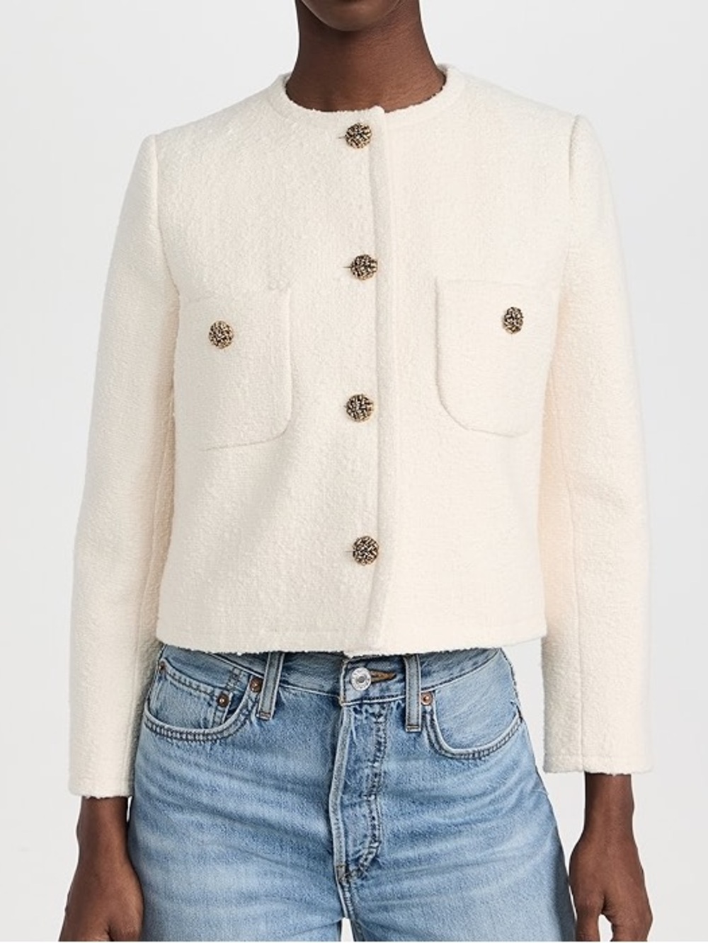 ba&sh Cream Bouclé Jacket with Gold Knot Button
